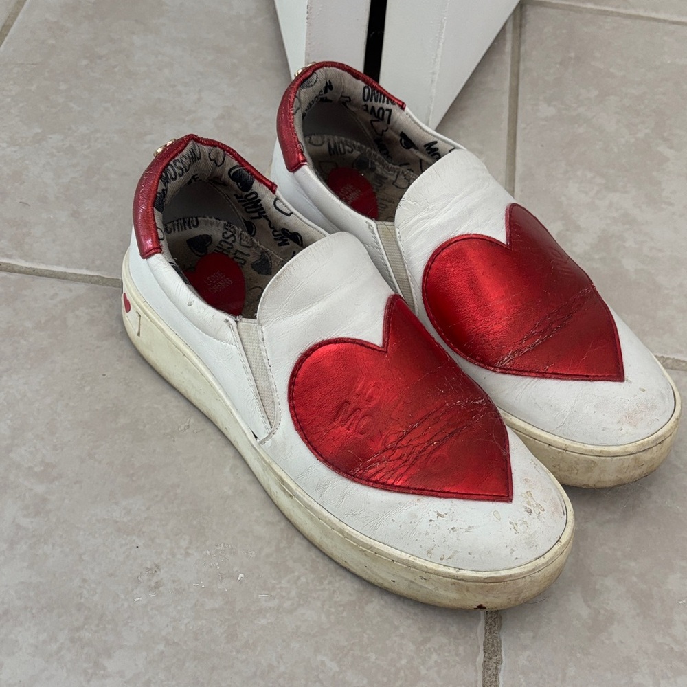 Love Moschino Red and White Heart Sneakers